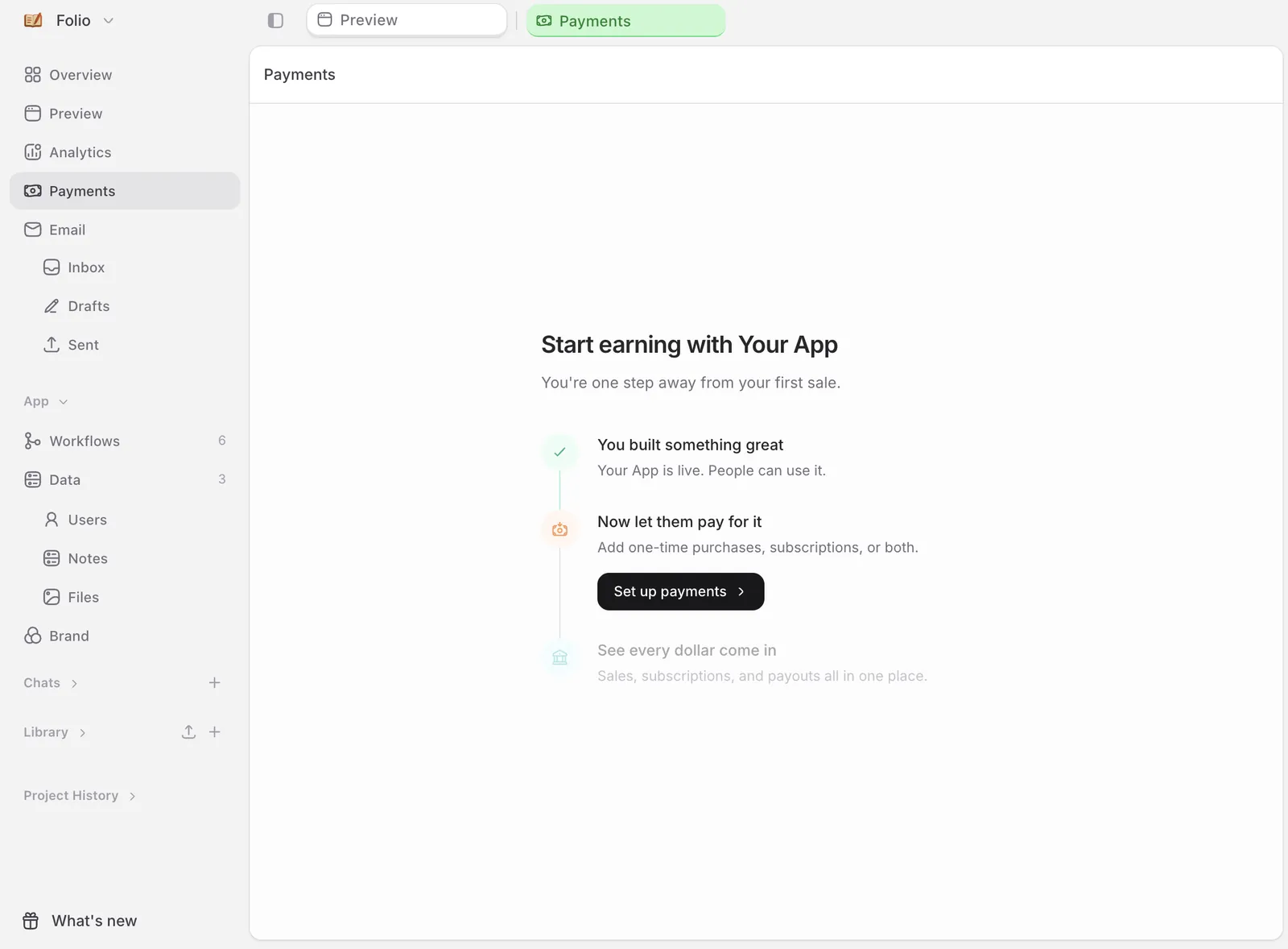 Payments item in the side nav with Set up payments action