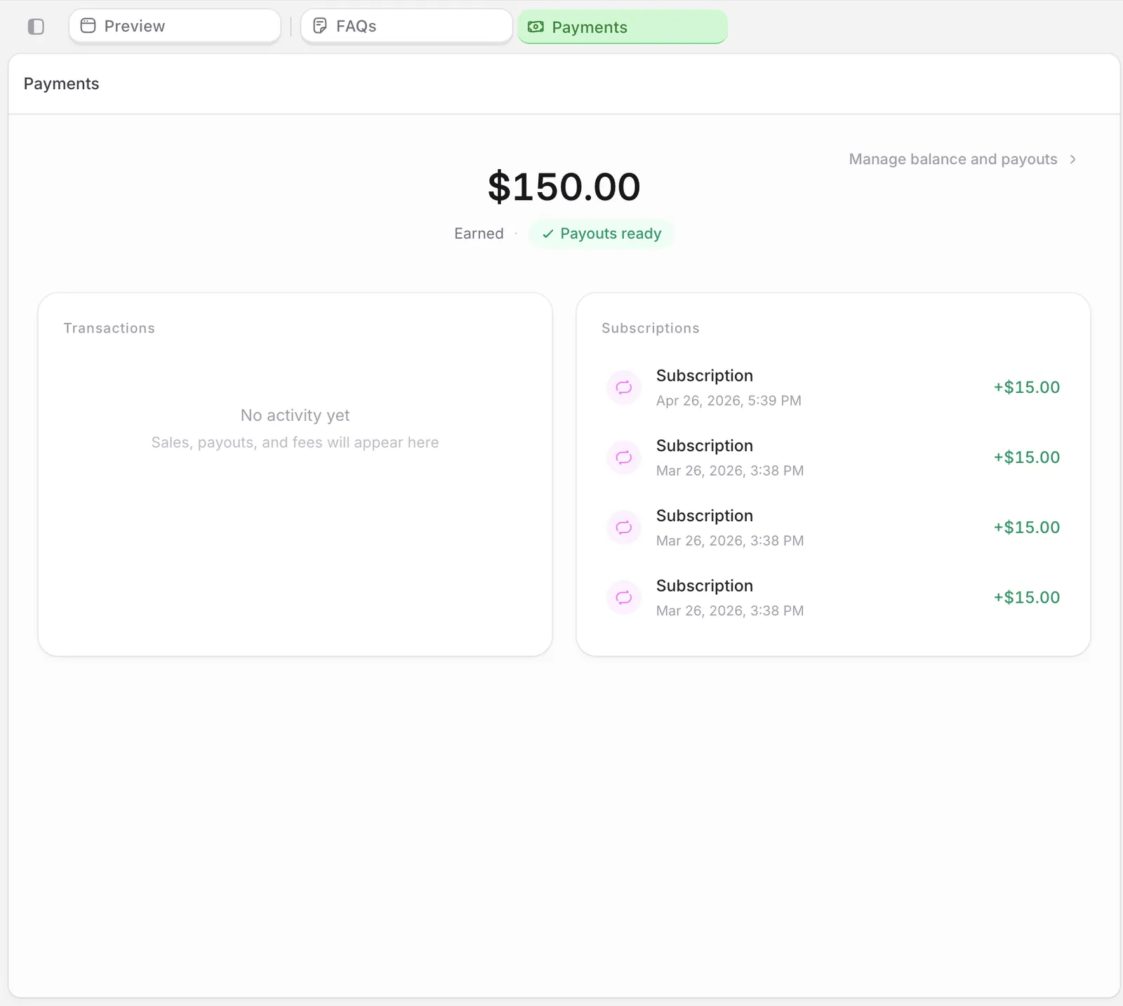Payments dashboard with completed transactions