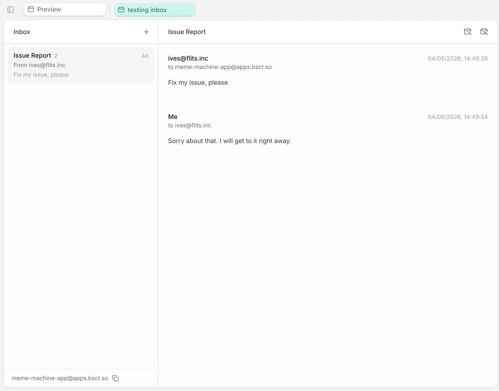Built-in inbox view with the message list, a thread, and the app's email address at the bottom