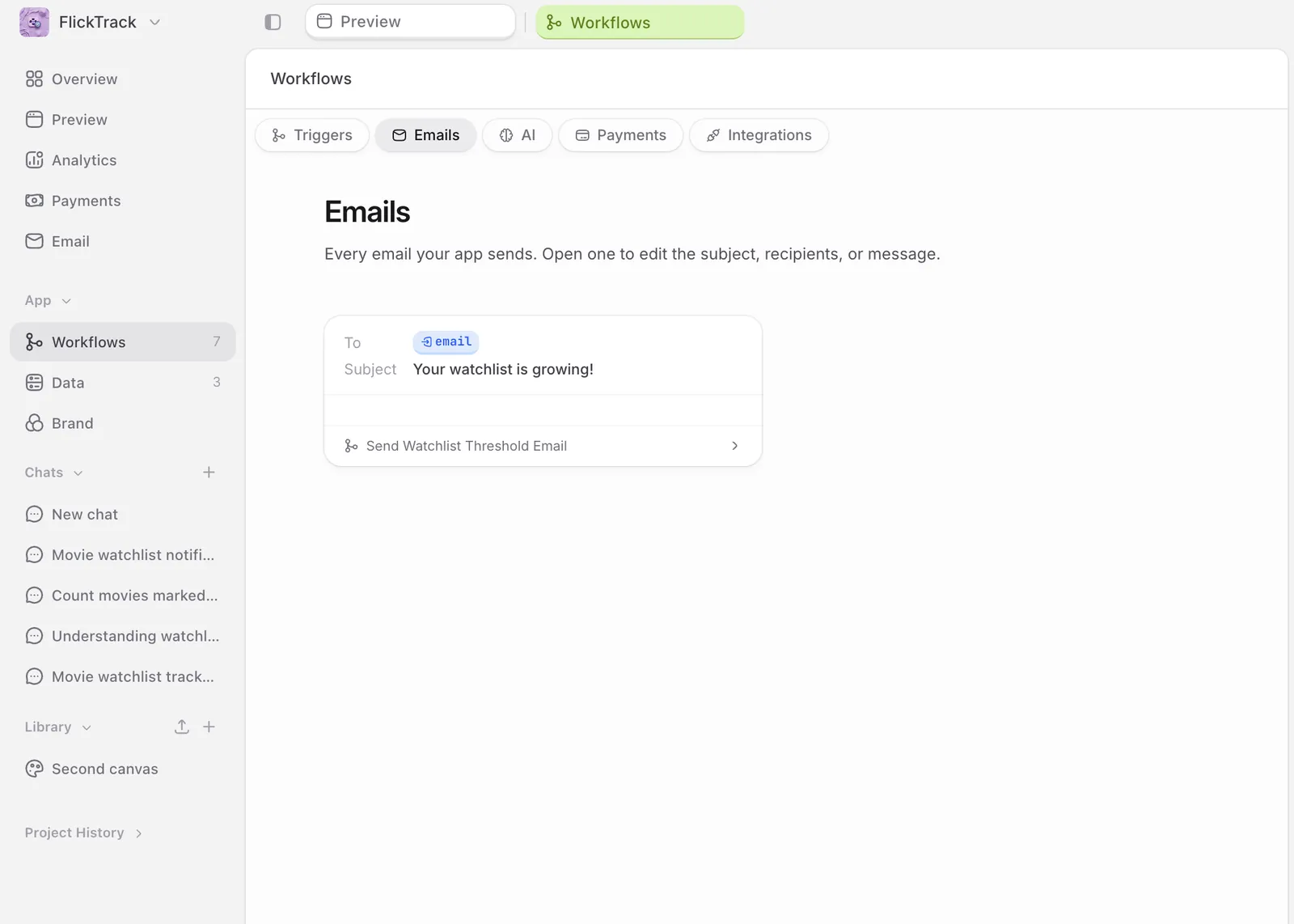 Chat describing an email-automation trigger and message