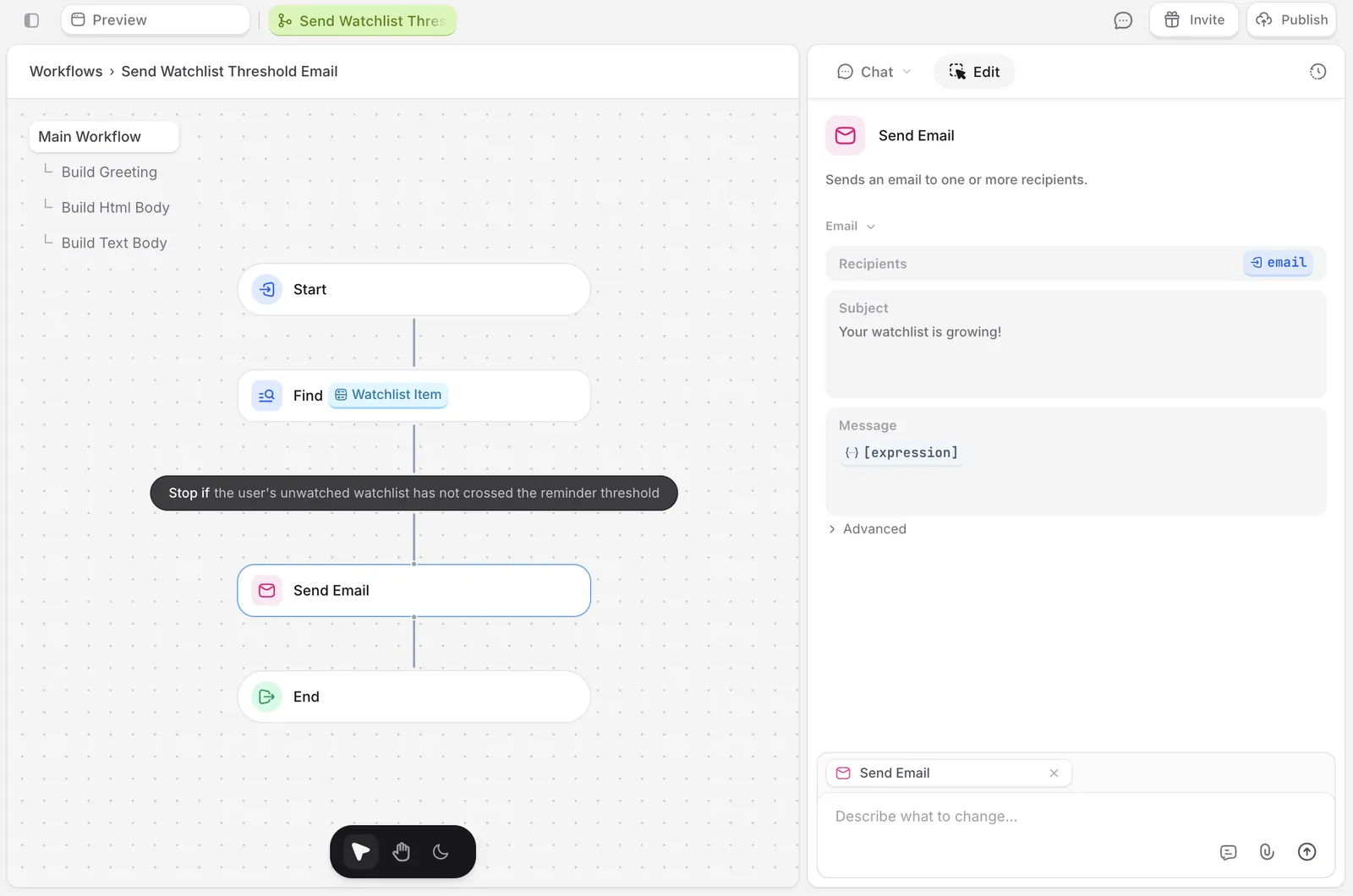 Workflow diagram with trigger, condition, recipient lookup, body, and send steps
