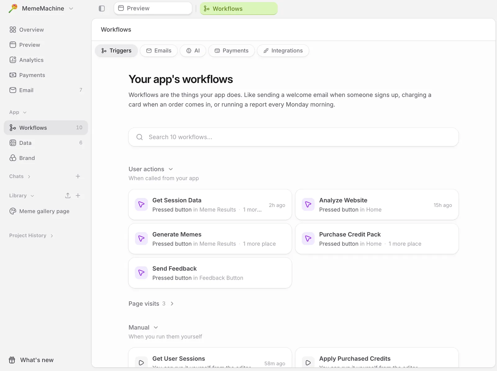 Workflow trigger configuration showing the five trigger types