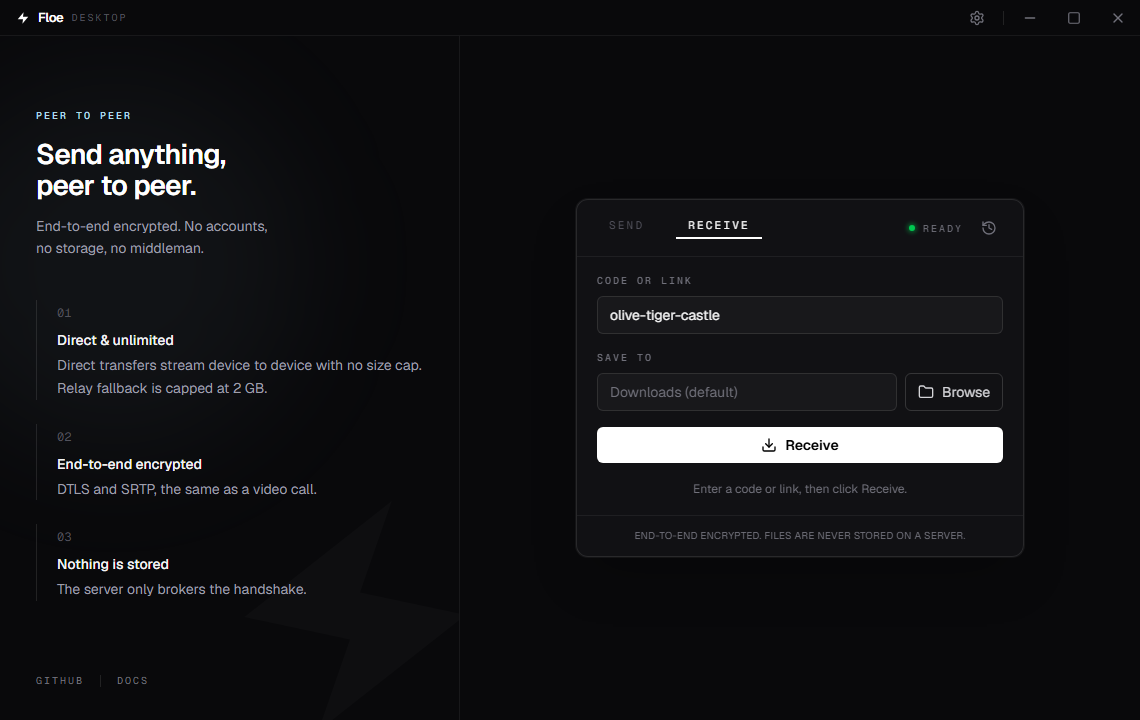 Floe Desktop Receive tab with a room code entered and a save folder field