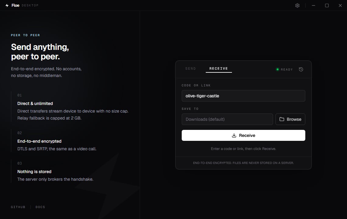 Floe Desktop Receive tab with a room code entered and a save folder field
