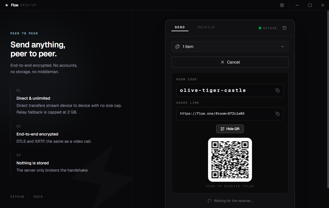 Floe Desktop share panel showing a room code, a share link, and a QR code