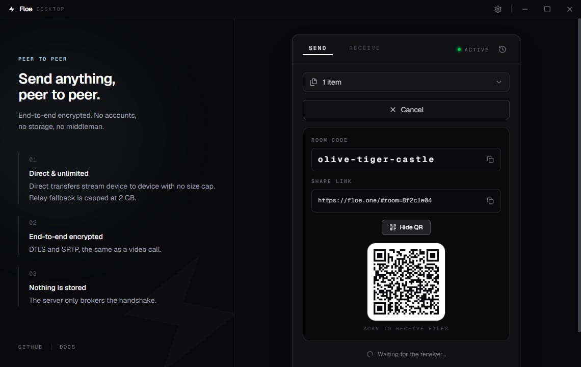Floe Desktop share panel showing a room code, a share link, and a QR code