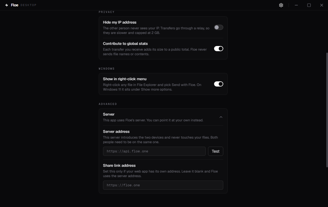 The expanded Server section showing the server address field, a Test button, and the share link address field