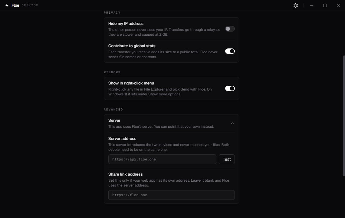 The expanded Server section showing the server address field, a Test button, and the share link address field