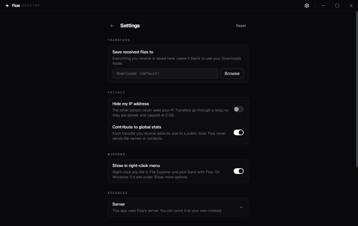 Floe Desktop settings showing Transfers, Privacy, Windows, and Advanced sections