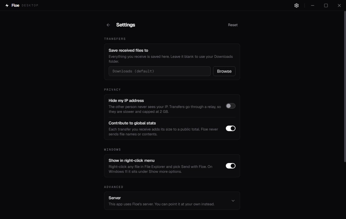 Floe Desktop settings showing Transfers, Privacy, Windows, and Advanced sections