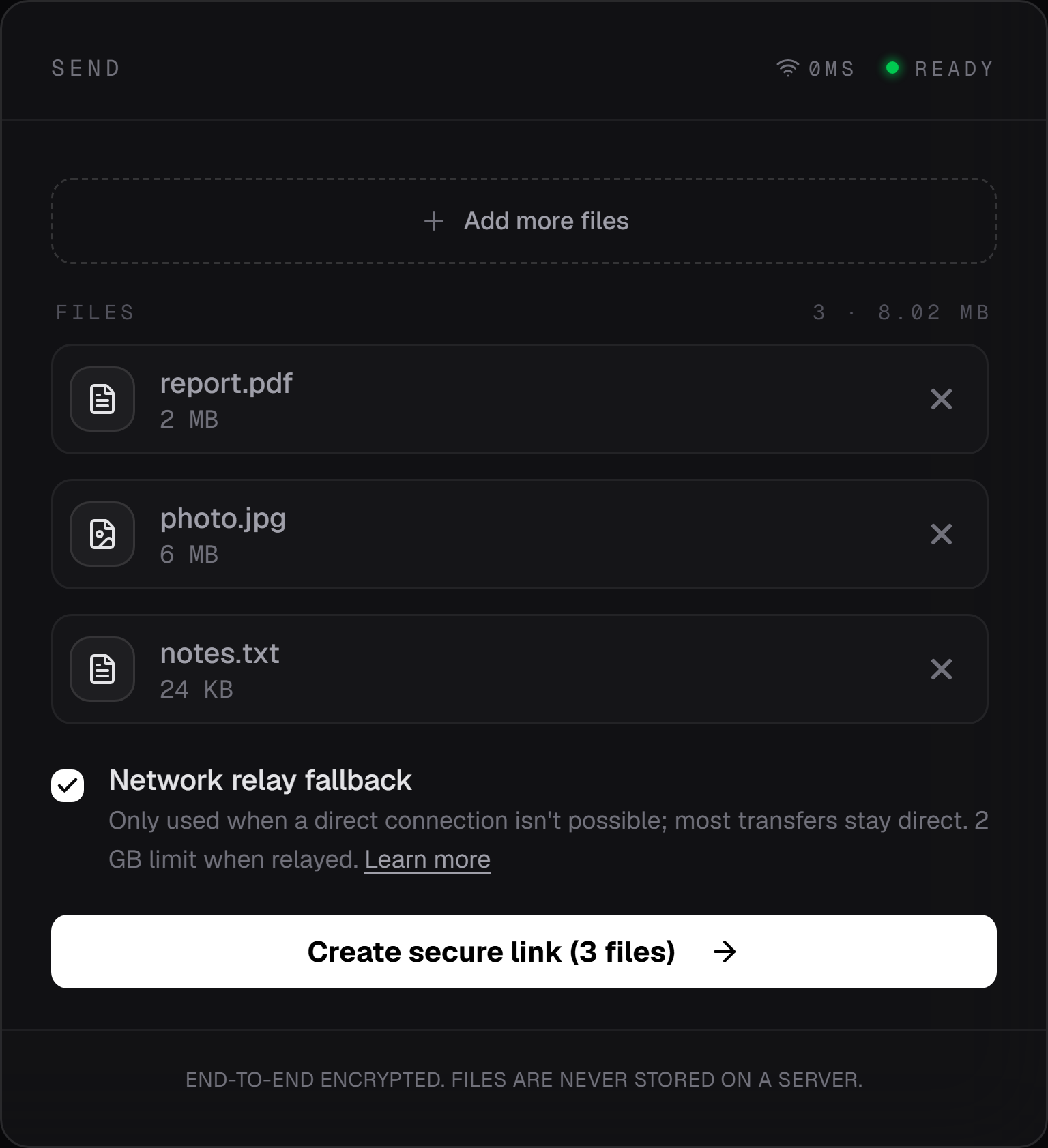 The Floe send card with report.pdf, photo.jpg and notes.txt staged, a Network relay fallback checkbox, and a Create secure link (3 files) button