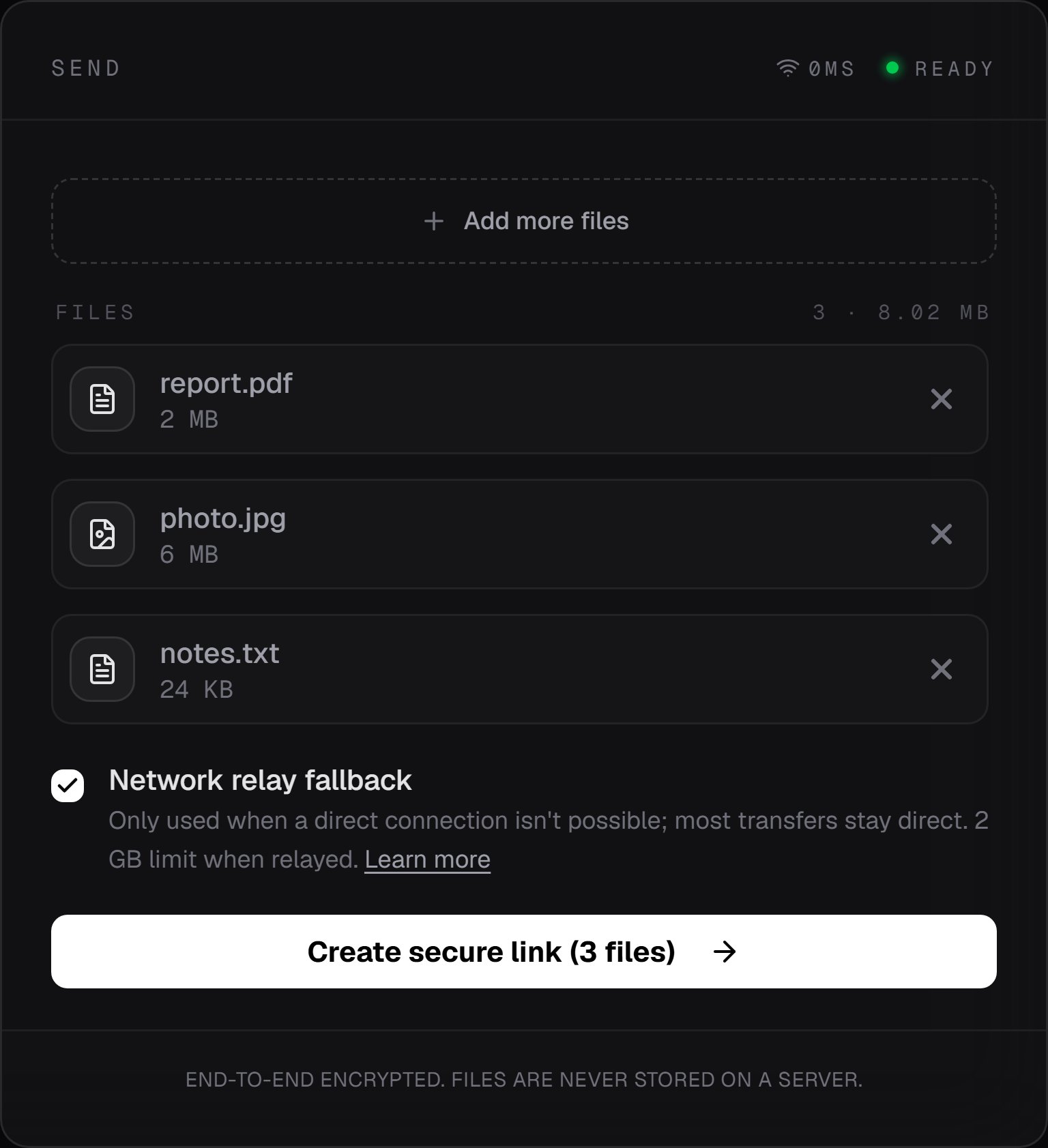 The Floe send card with report.pdf, photo.jpg and notes.txt staged, a Network relay fallback checkbox, and a Create secure link (3 files) button