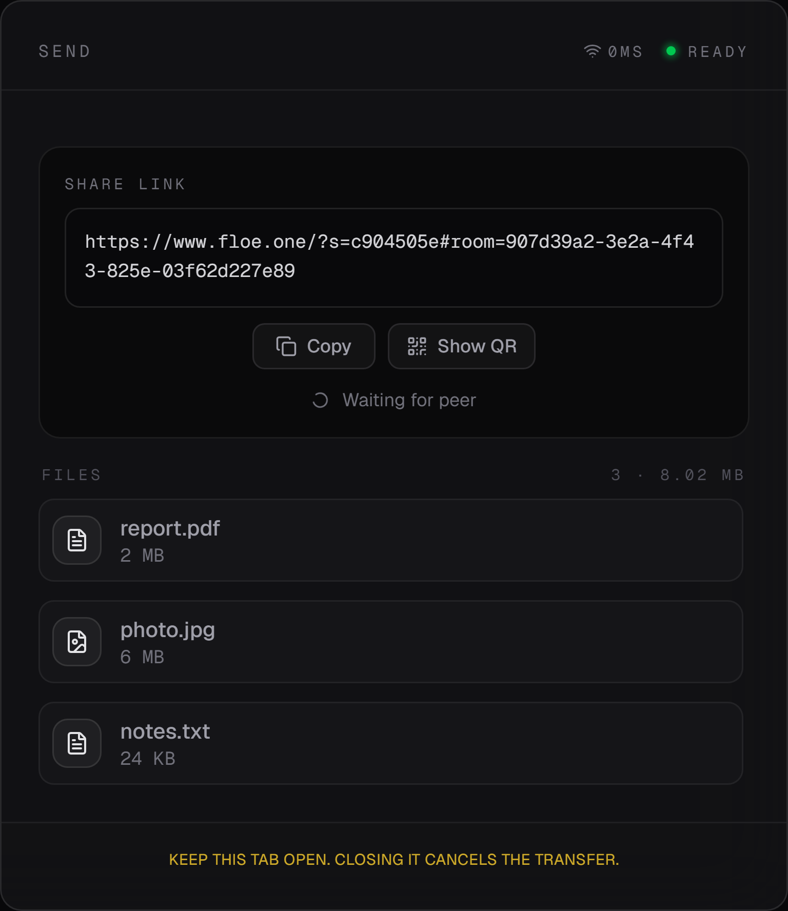 The Floe share panel showing a floe.one link containing a room id, Copy and Show QR buttons, and the status line Waiting for peer