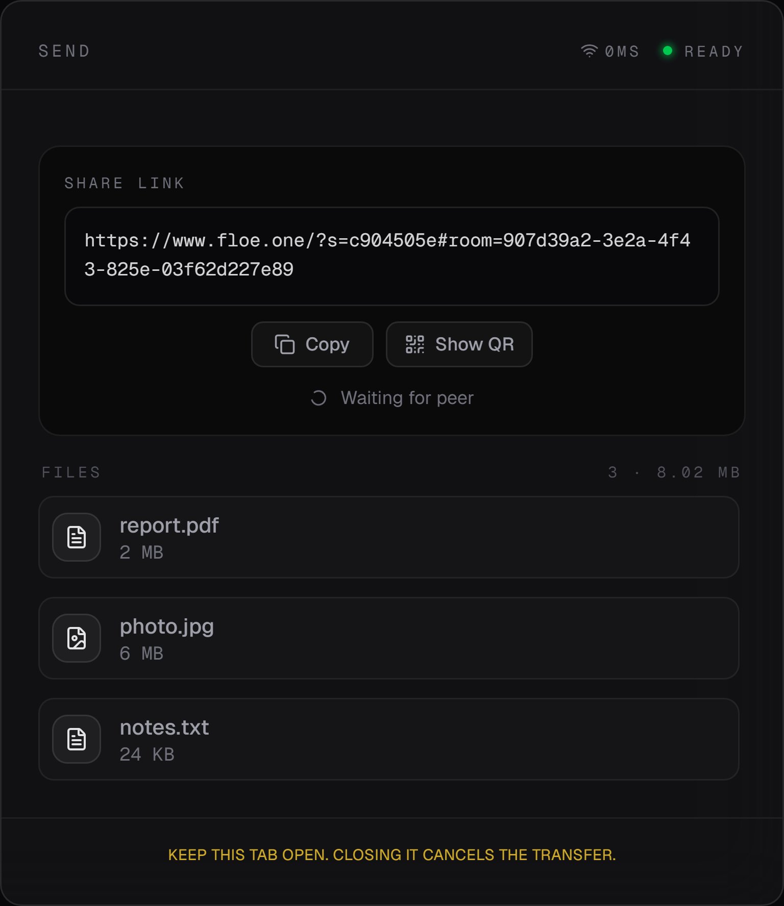 The Floe share panel showing a floe.one link containing a room id, Copy and Show QR buttons, and the status line Waiting for peer