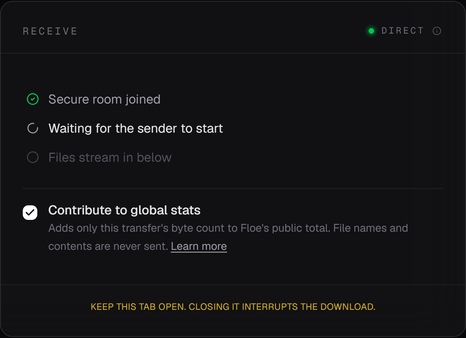 The Floe receive card with a green Direct badge, a completed Secure room joined step, an active Waiting for the sender to start step, and a checked Contribute to global stats box