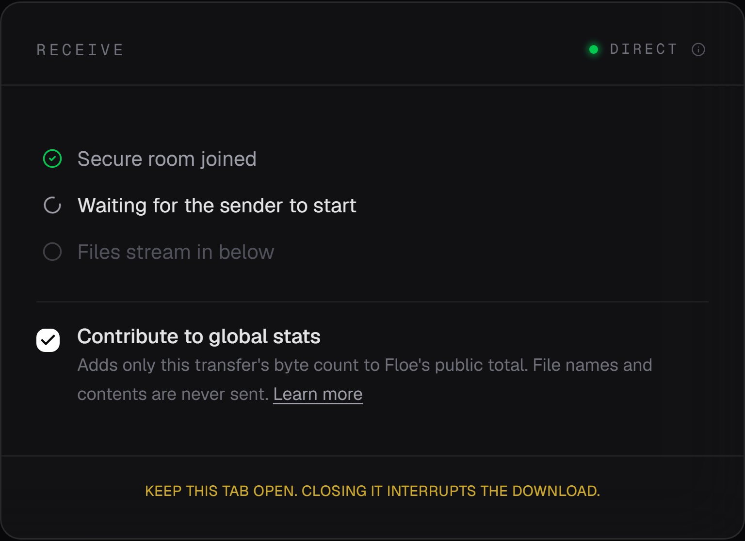 The Floe receive card with a green Direct badge, a completed Secure room joined step, an active Waiting for the sender to start step, and a checked Contribute to global stats box