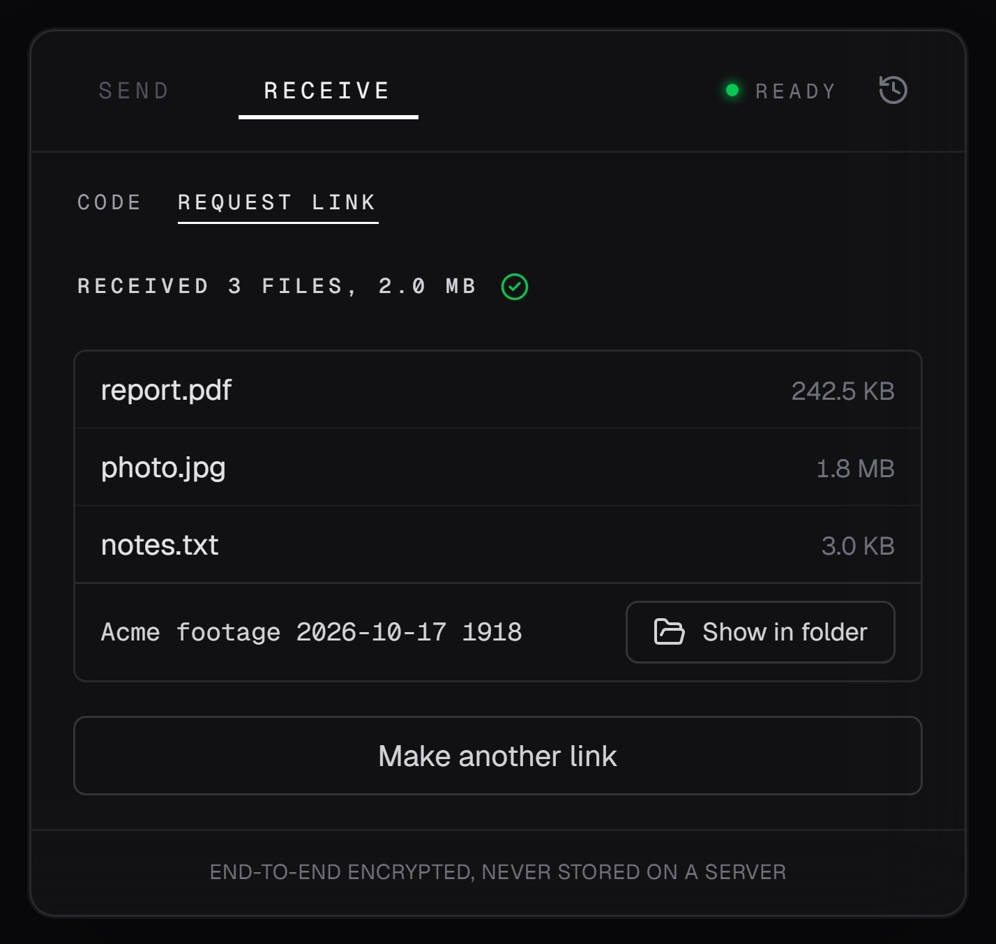 A finished drop in Floe Desktop: Received 3 files, 2.0 MB with a green check, each file's size, the folder, Show in folder, and Make another link.