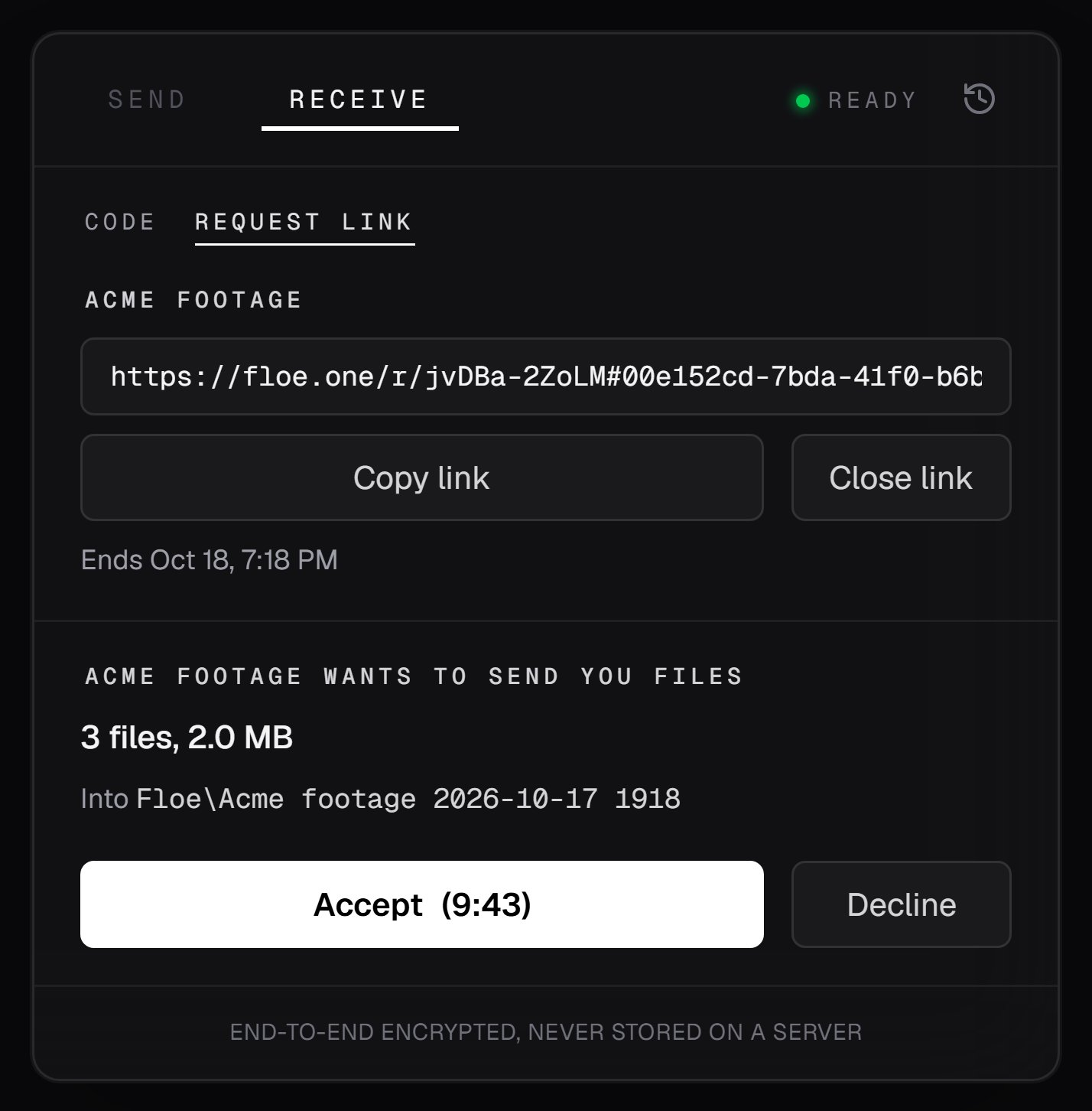 A request in Floe Desktop: Acme footage wants to send you files, 3 files, 2.0 MB, the folder they go into, Accept (9:43), and Decline.