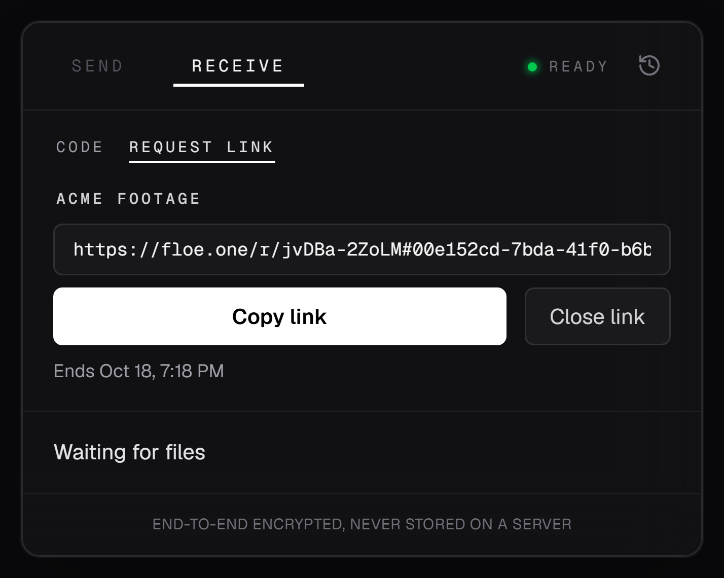 Floe Desktop's Request link view with an open link labeled Acme footage, Copy link and Close link buttons, the end time, and Waiting for files.