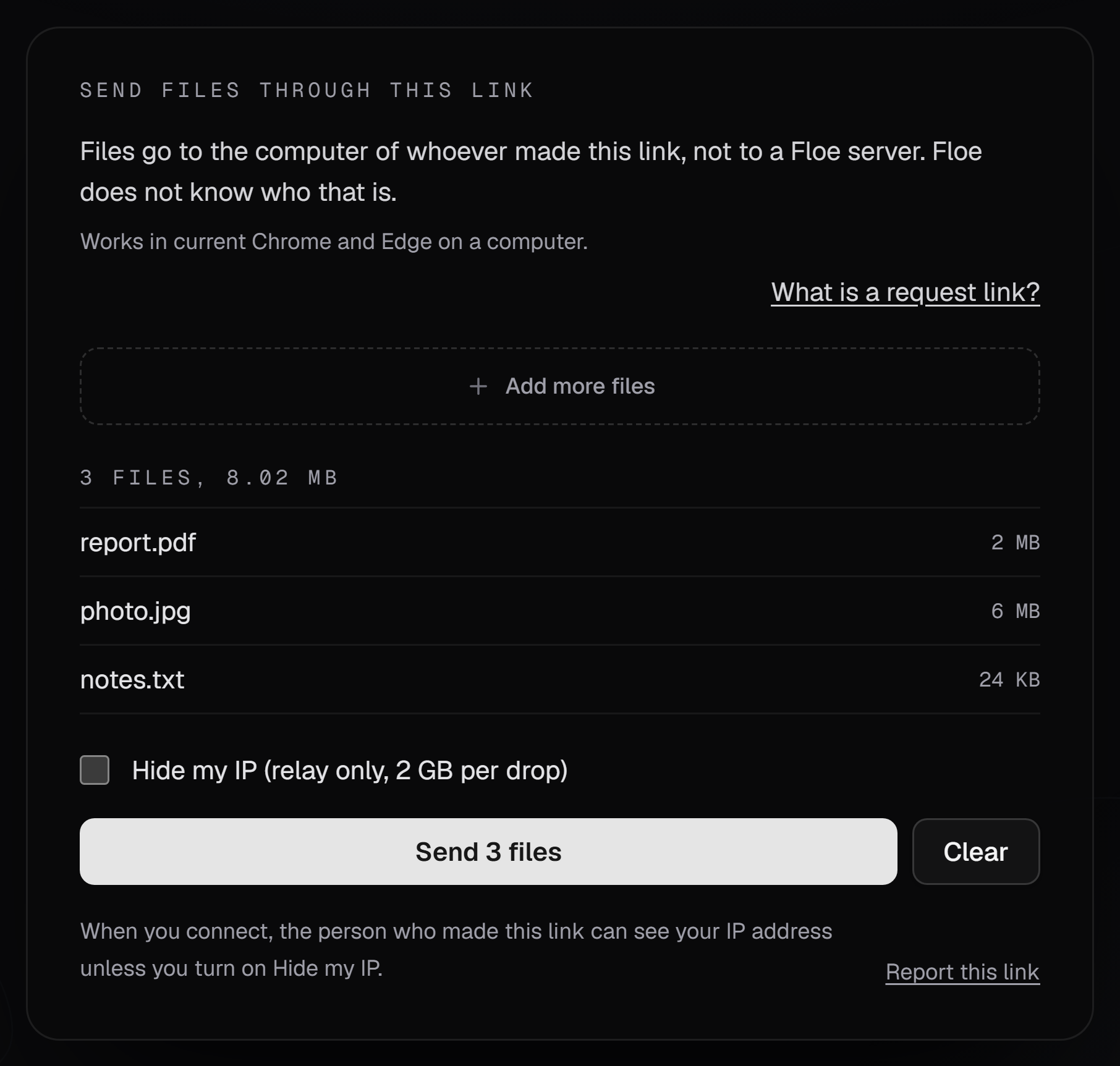 The request link page with three files chosen, Hide my IP unchecked, a Send 3 files button, and a notice that the link maker can see your IP.
