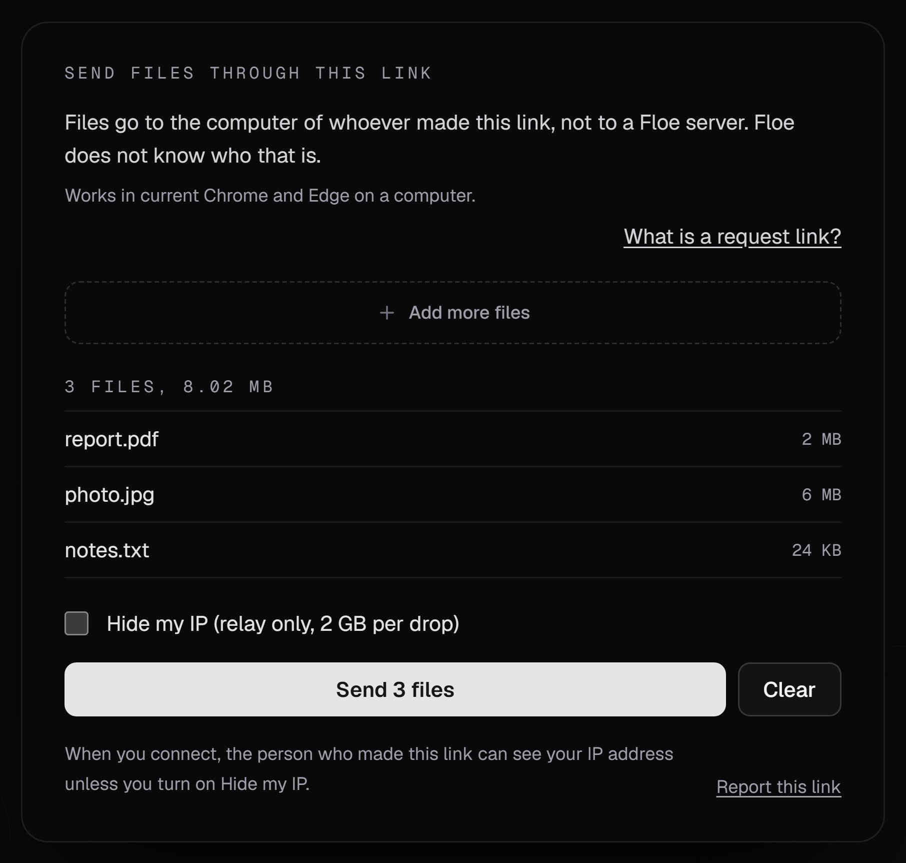 The request link page with three files chosen, Hide my IP unchecked, a Send 3 files button, and a notice that the link maker can see your IP.