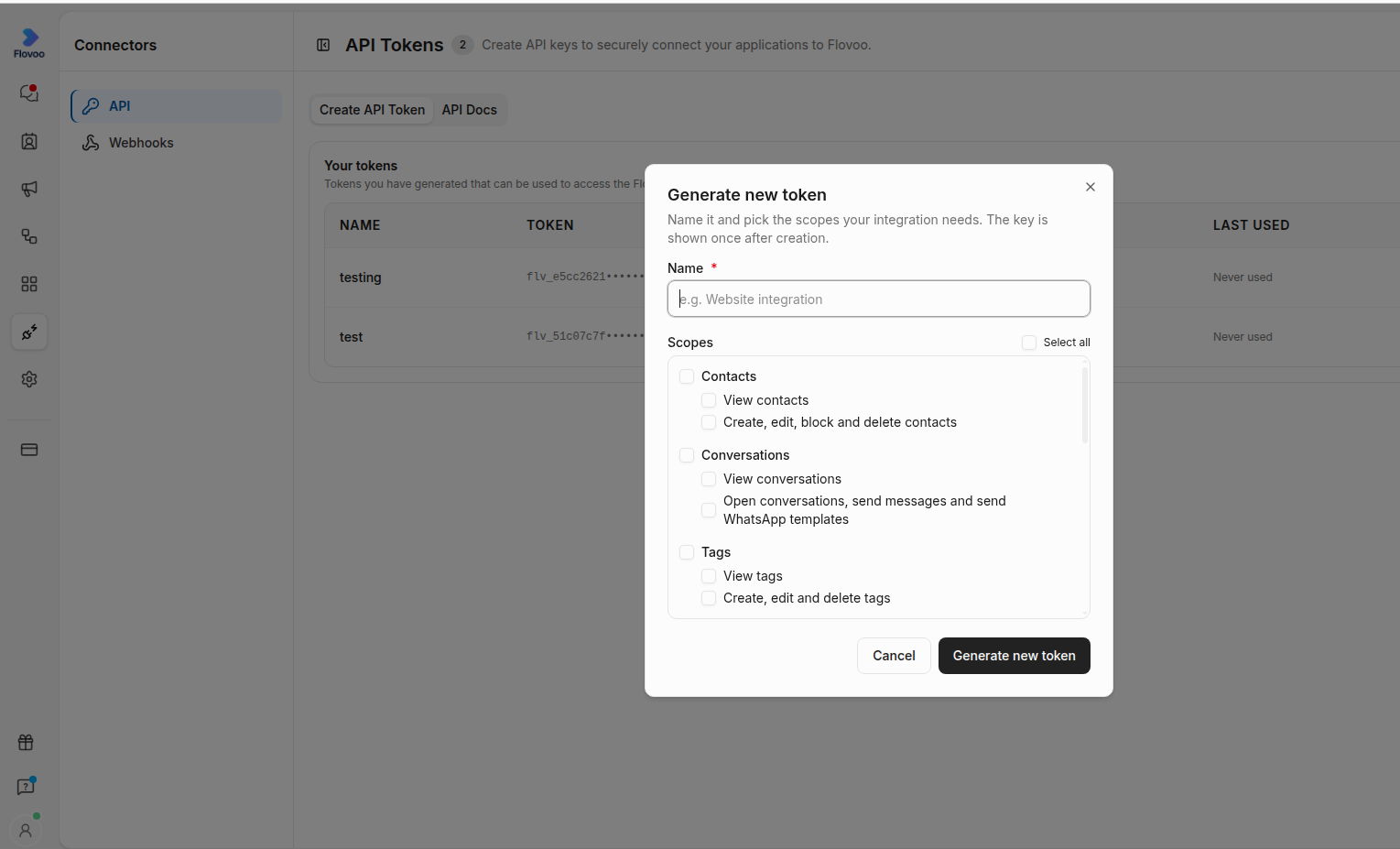 Generate new token dialog with scopes checklist