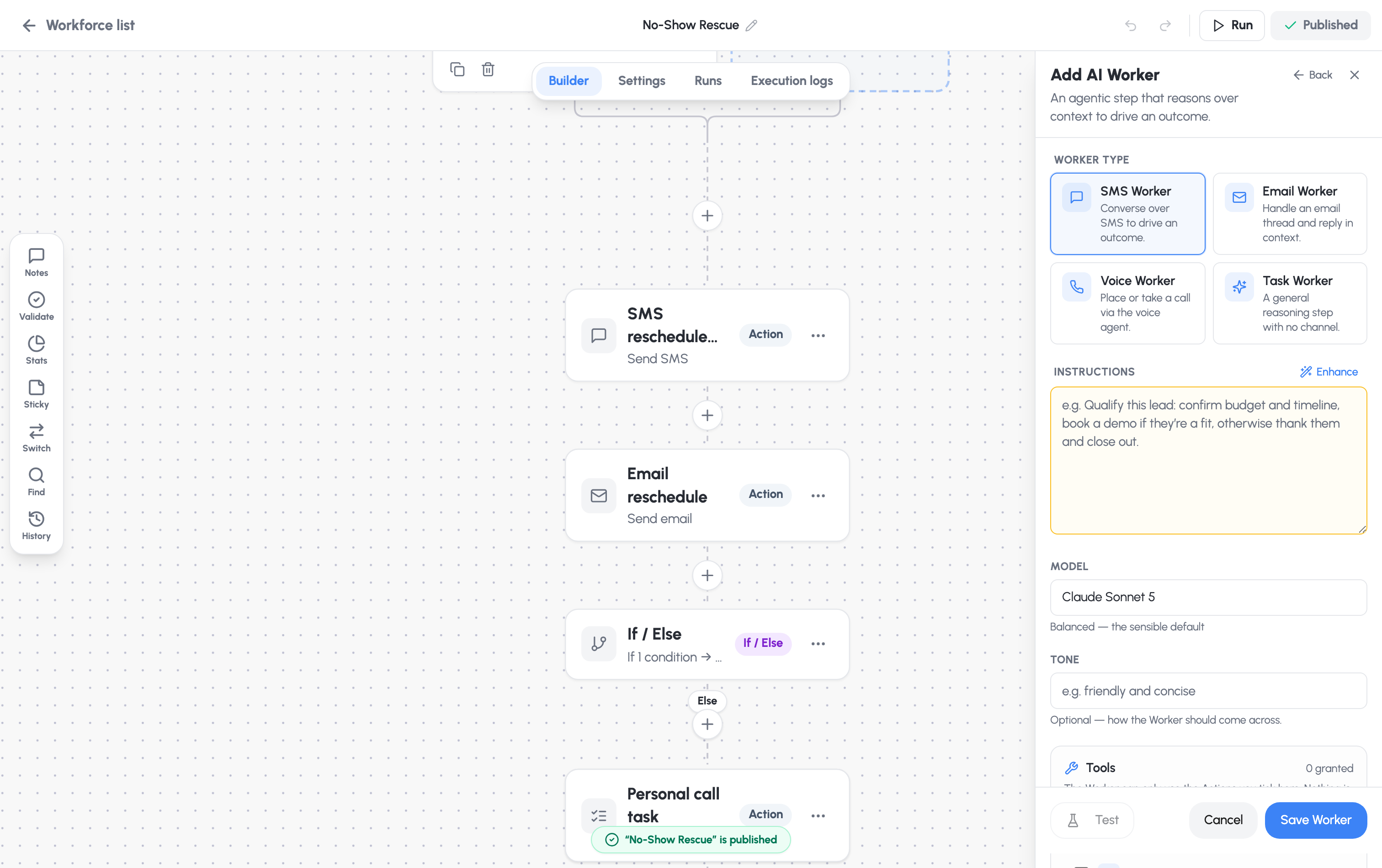 The Configure AI Worker panel — worker type, instructions, model, and tools