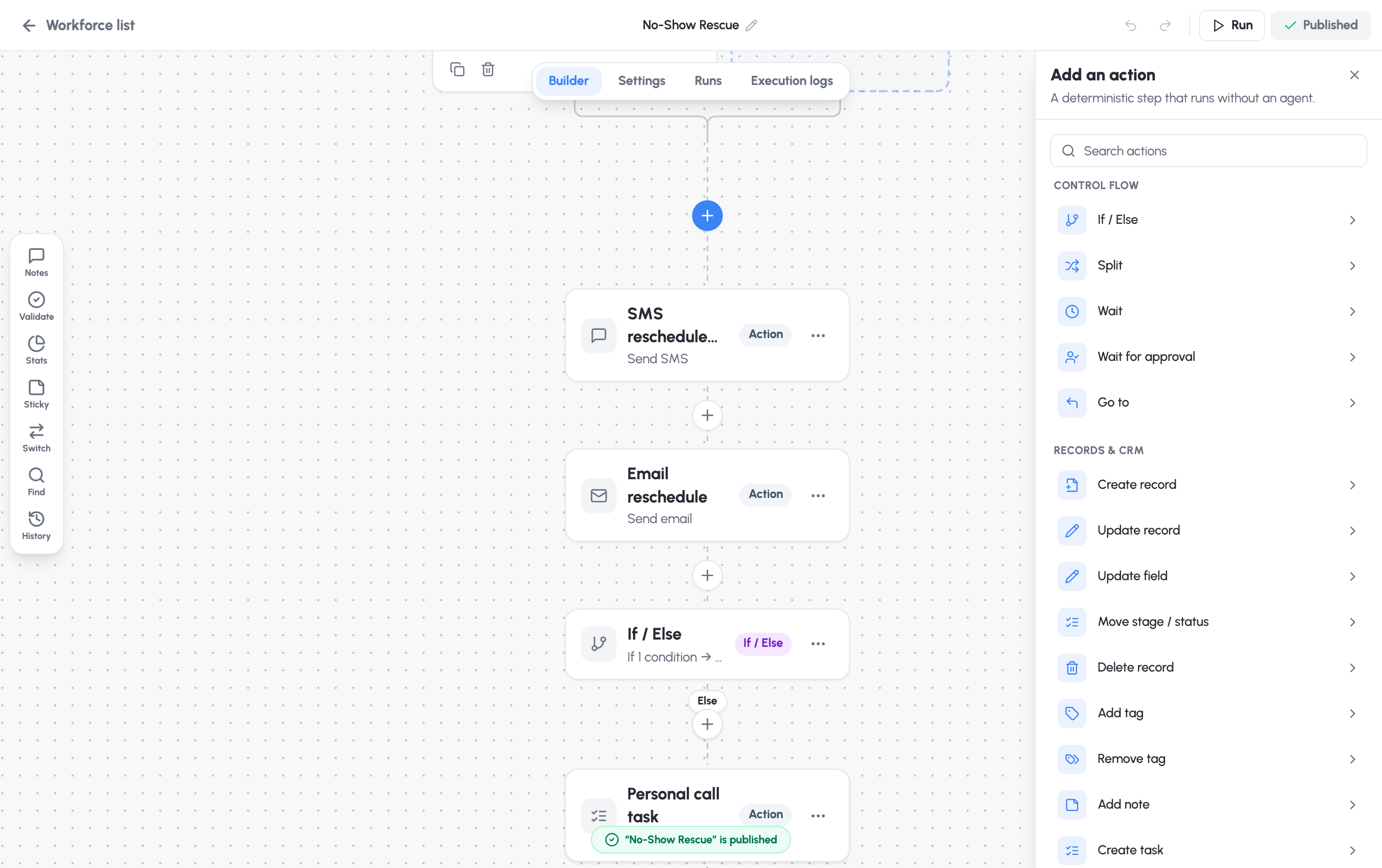 The step picker — control-flow steps and the grouped action catalogue
