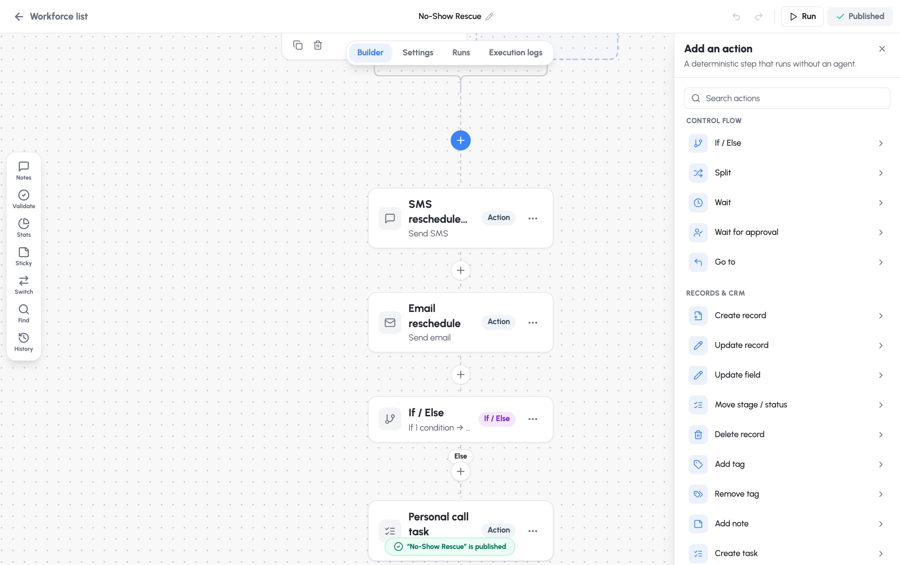 The step picker — control-flow steps and the grouped action catalogue