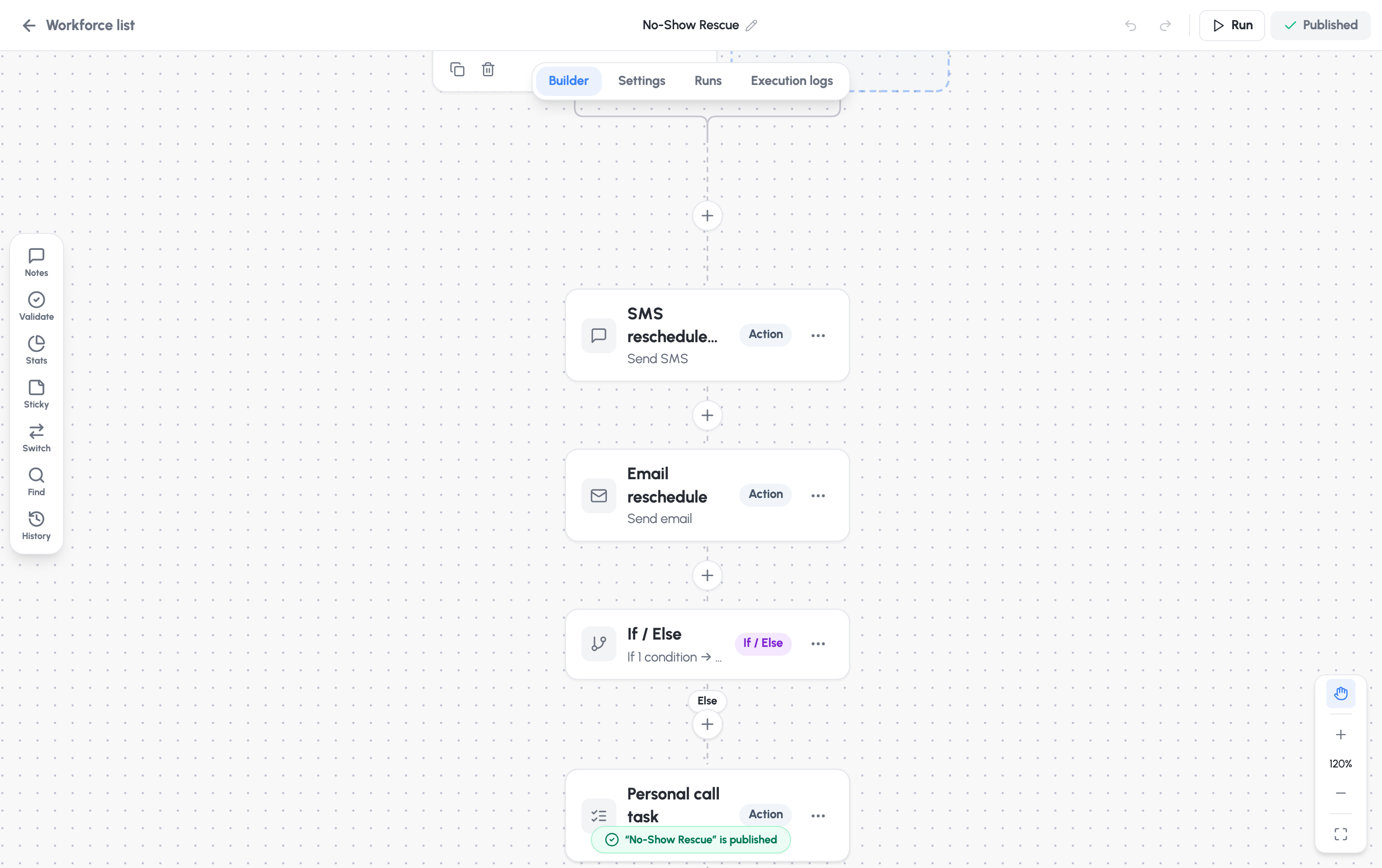 The Studio — a workflow on the canvas with its steps and the left toolbar