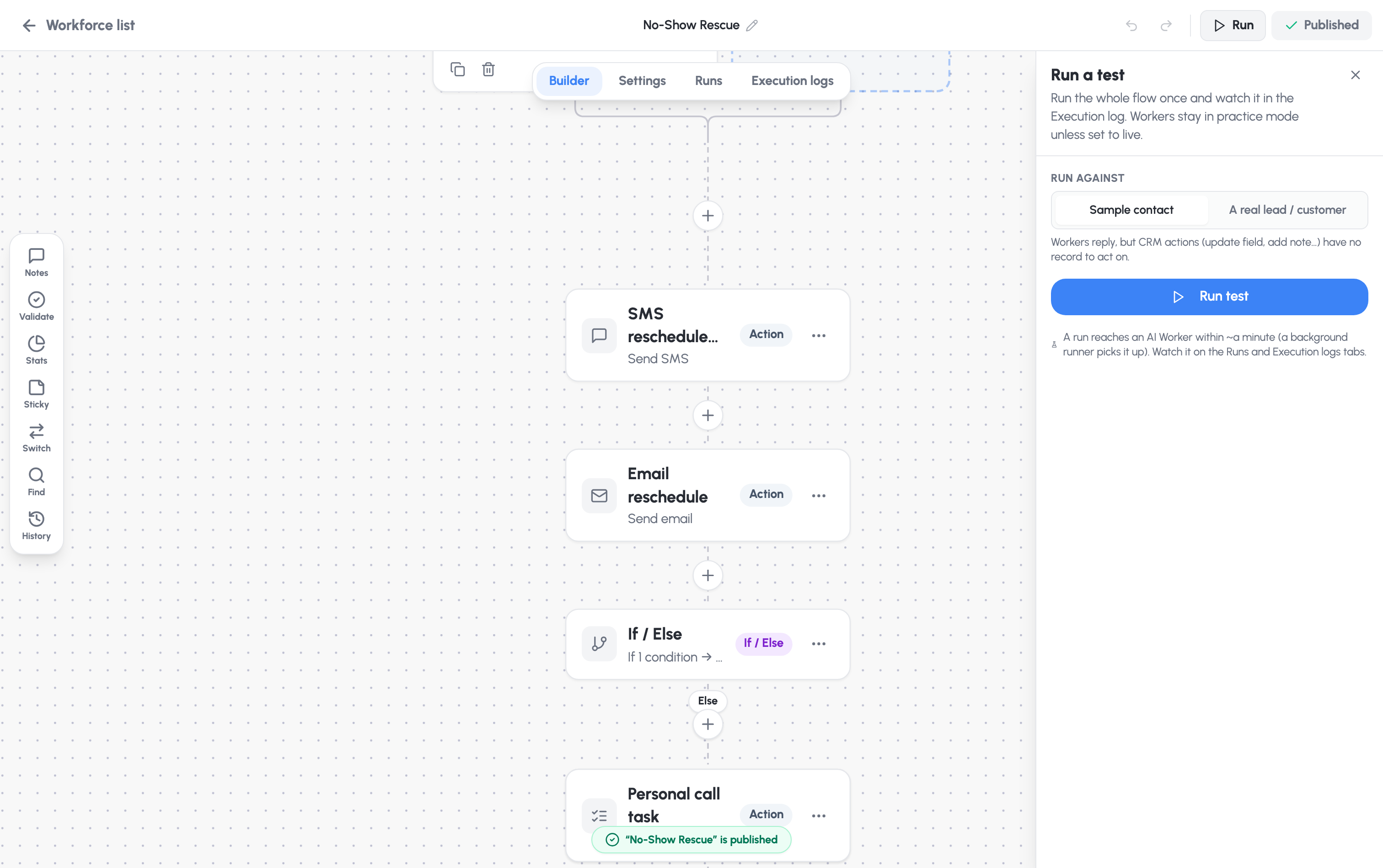 The Run a test panel — run against a sample contact or a real record
