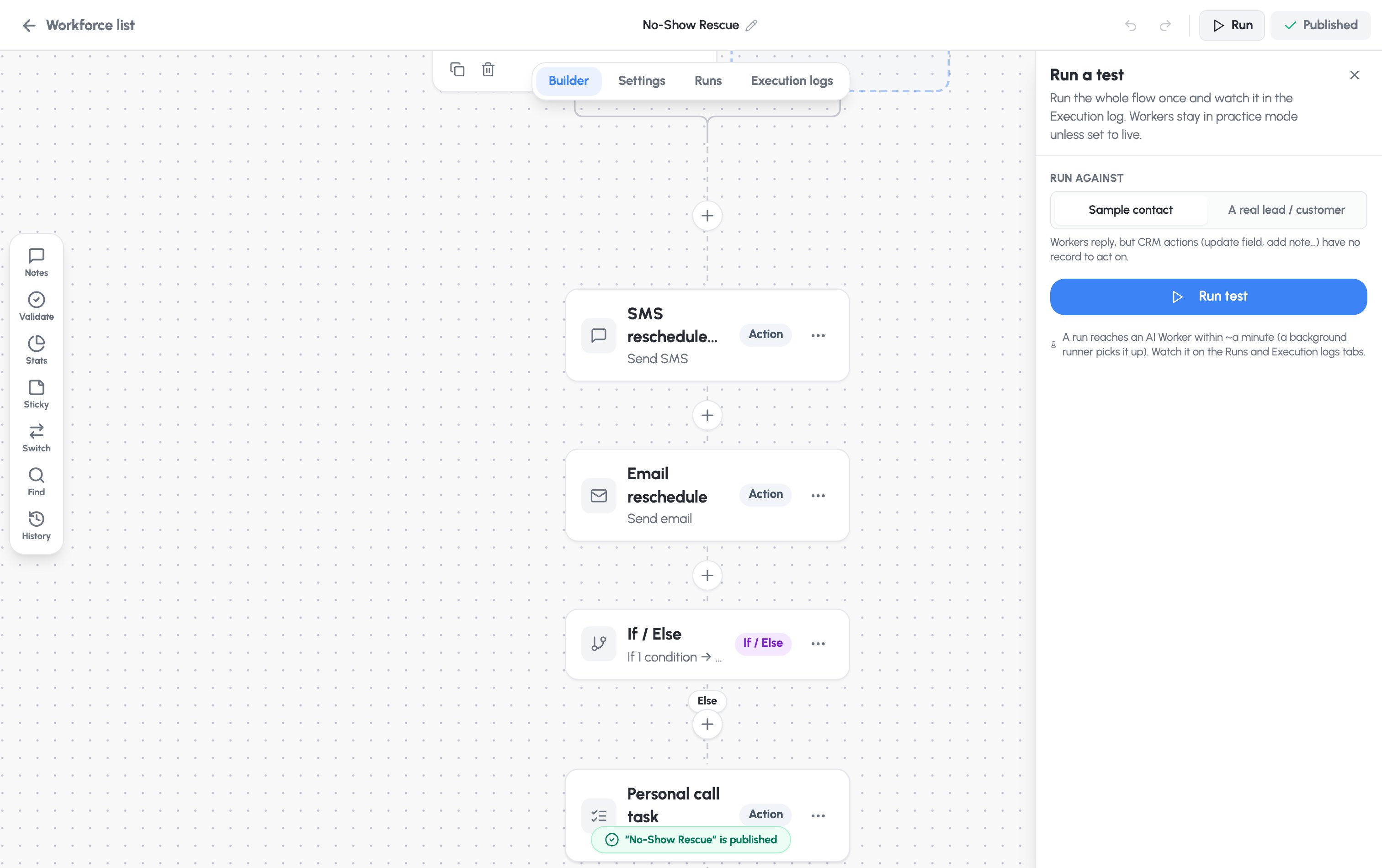 The Run a test panel — run against a sample contact or a real record