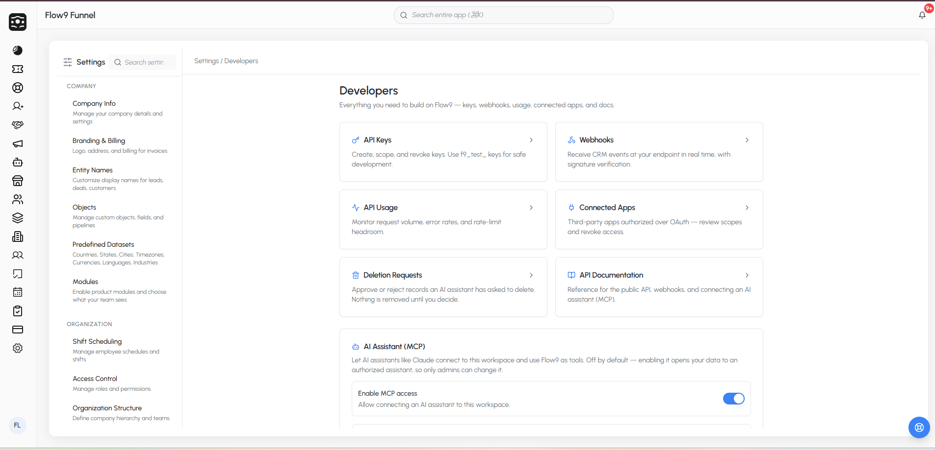 The Developers page with the AI Assistant (MCP) card