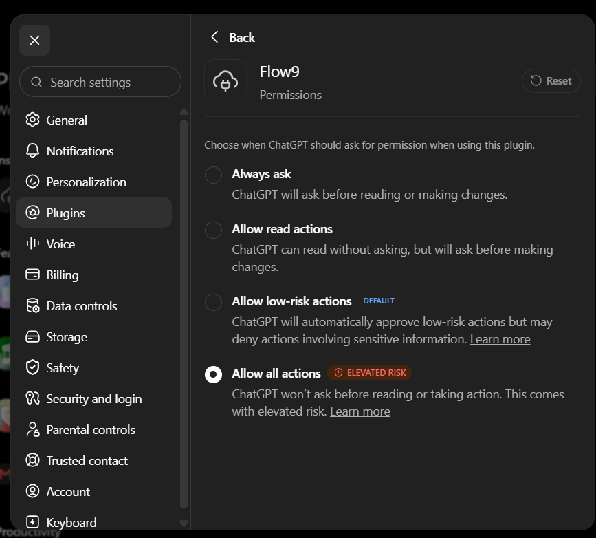 Plugin permission levels for Flow9 in ChatGPT