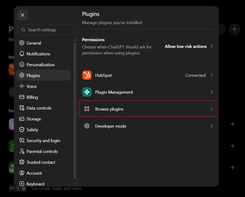 Browse plugins and Developer mode in ChatGPT settings