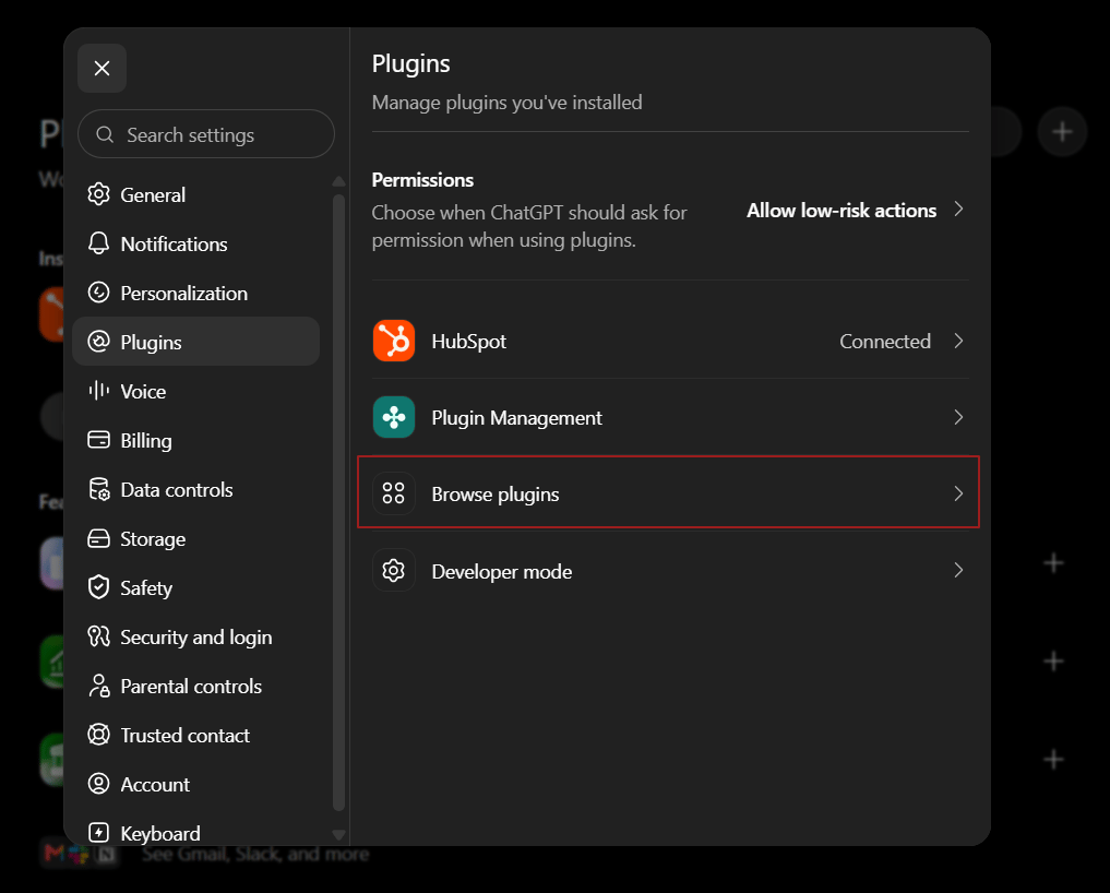 Browse plugins and Developer mode in ChatGPT settings