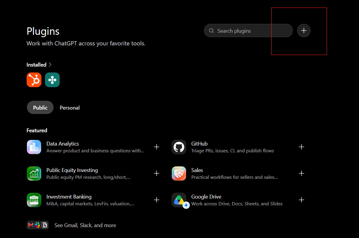 The ChatGPT Plugins page with the + button