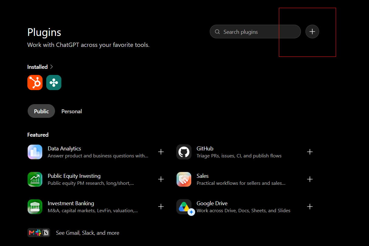 The ChatGPT Plugins page with the + button