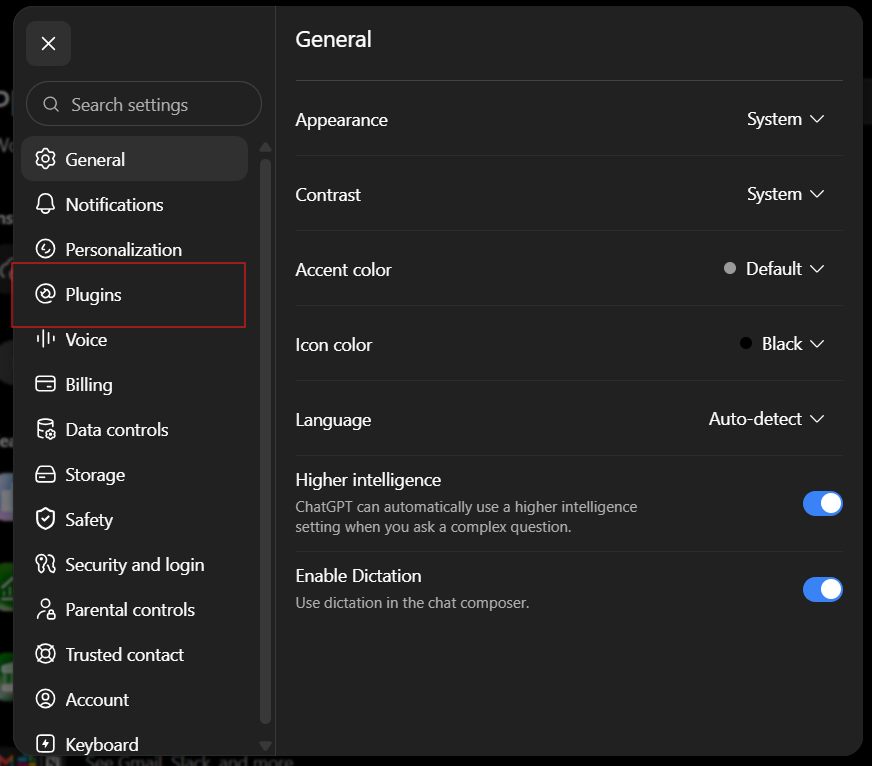 Plugins in the ChatGPT settings menu