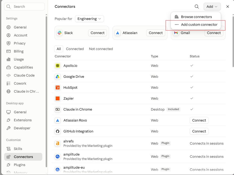 The Add menu with Add custom connector