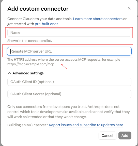 The Add custom connector dialog