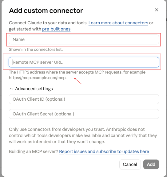 The Add custom connector dialog