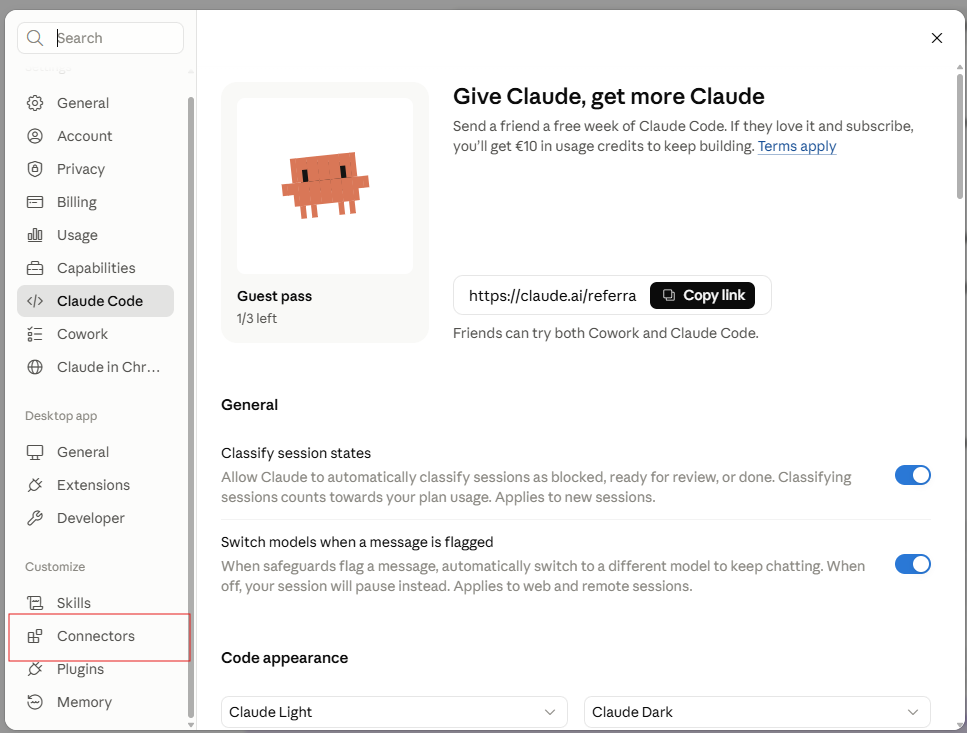 Connectors in the Claude settings sidebar