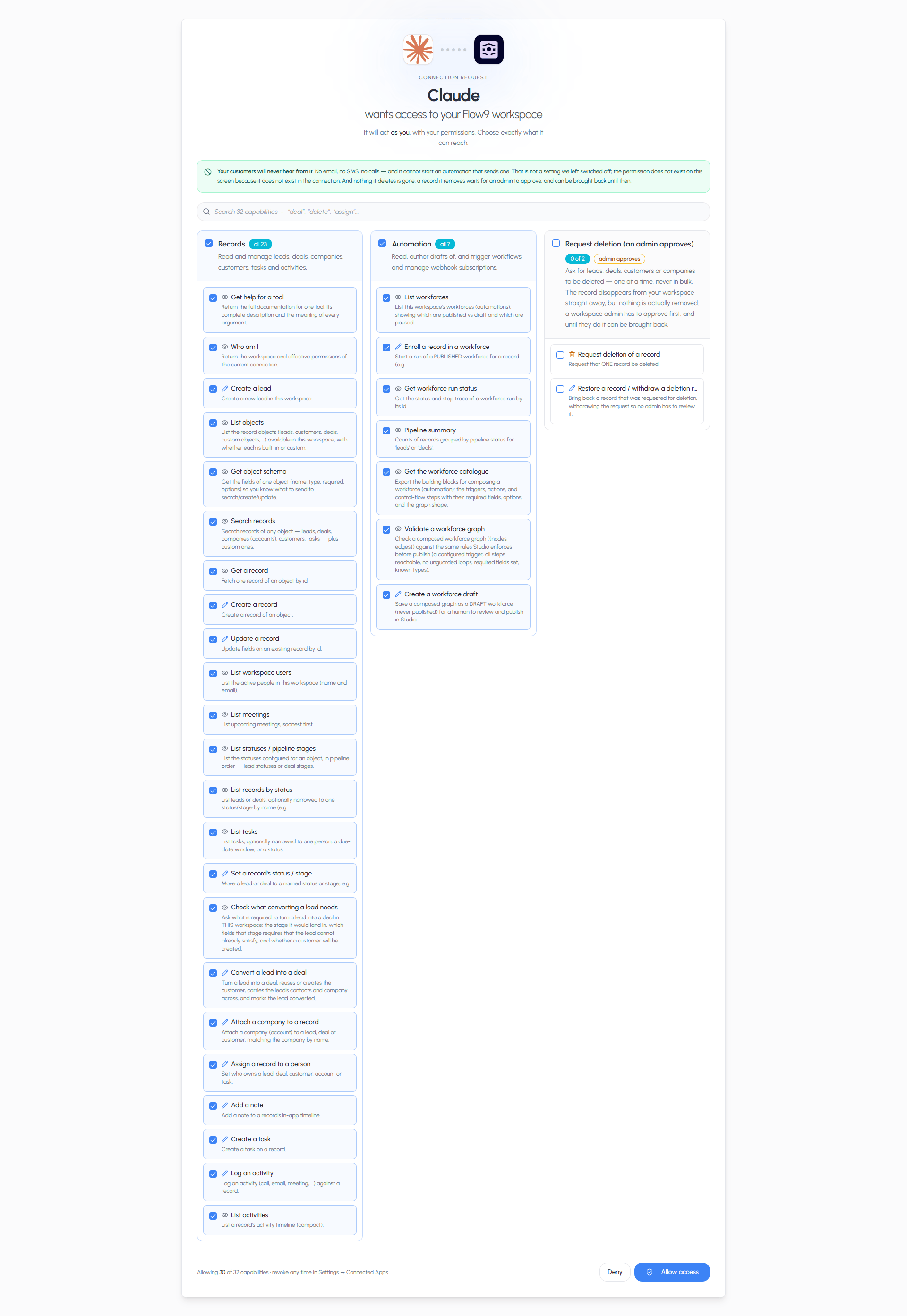 The consent screen with all three groups expanded