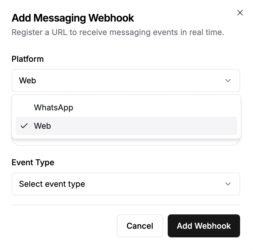 Add Messaging Webhook modal showing Web platform selected