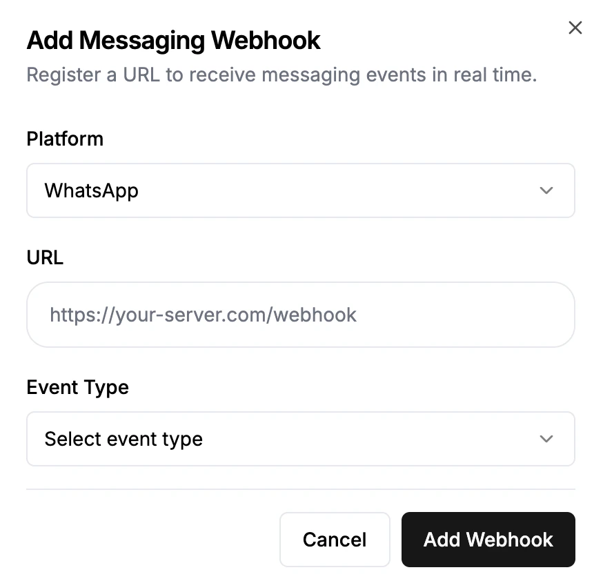 Add Messaging Webhook modal with Platform and Event Type selectors
