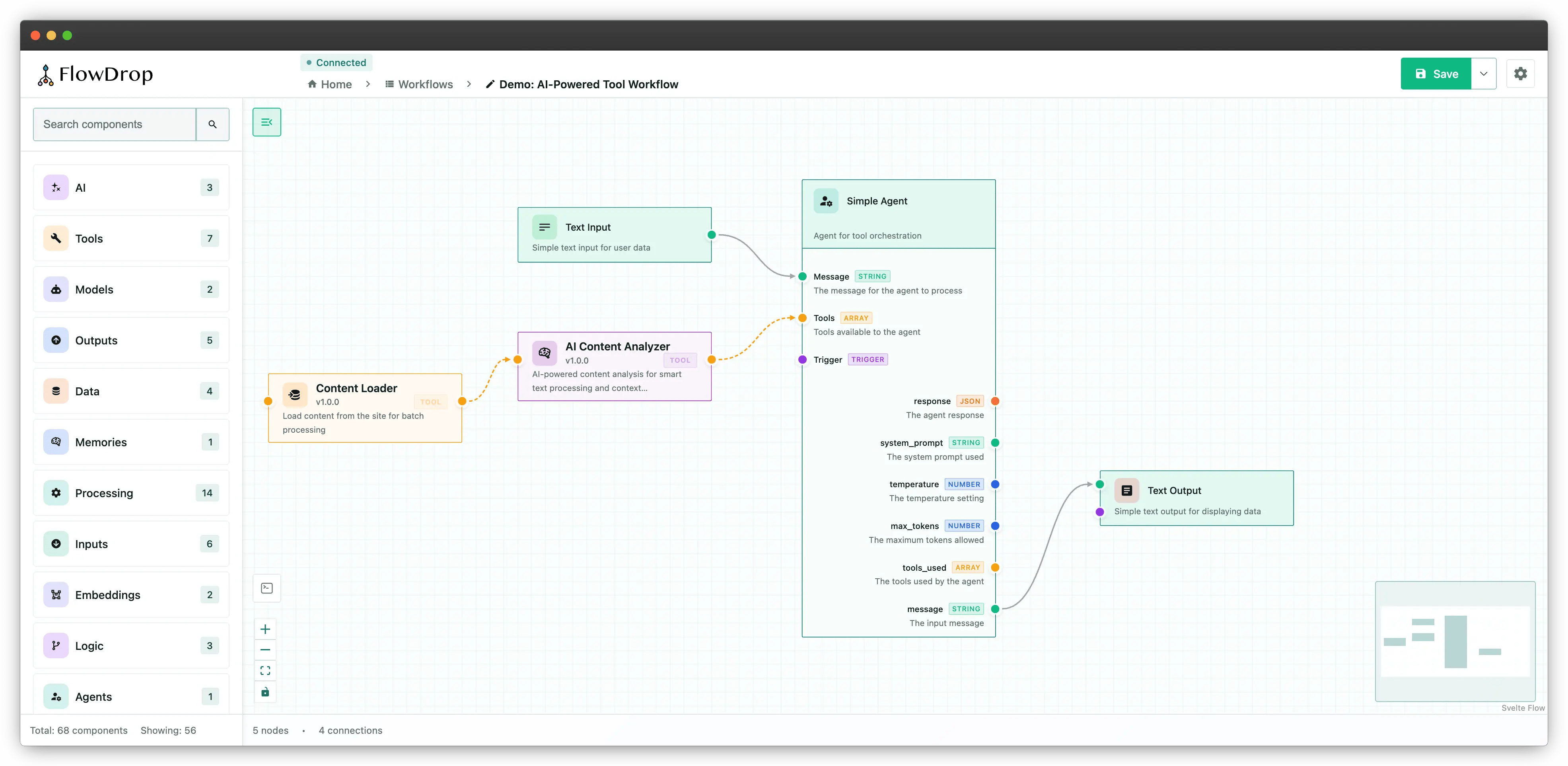 FlowDrop Editor's Screenshot showing an ai based workflow