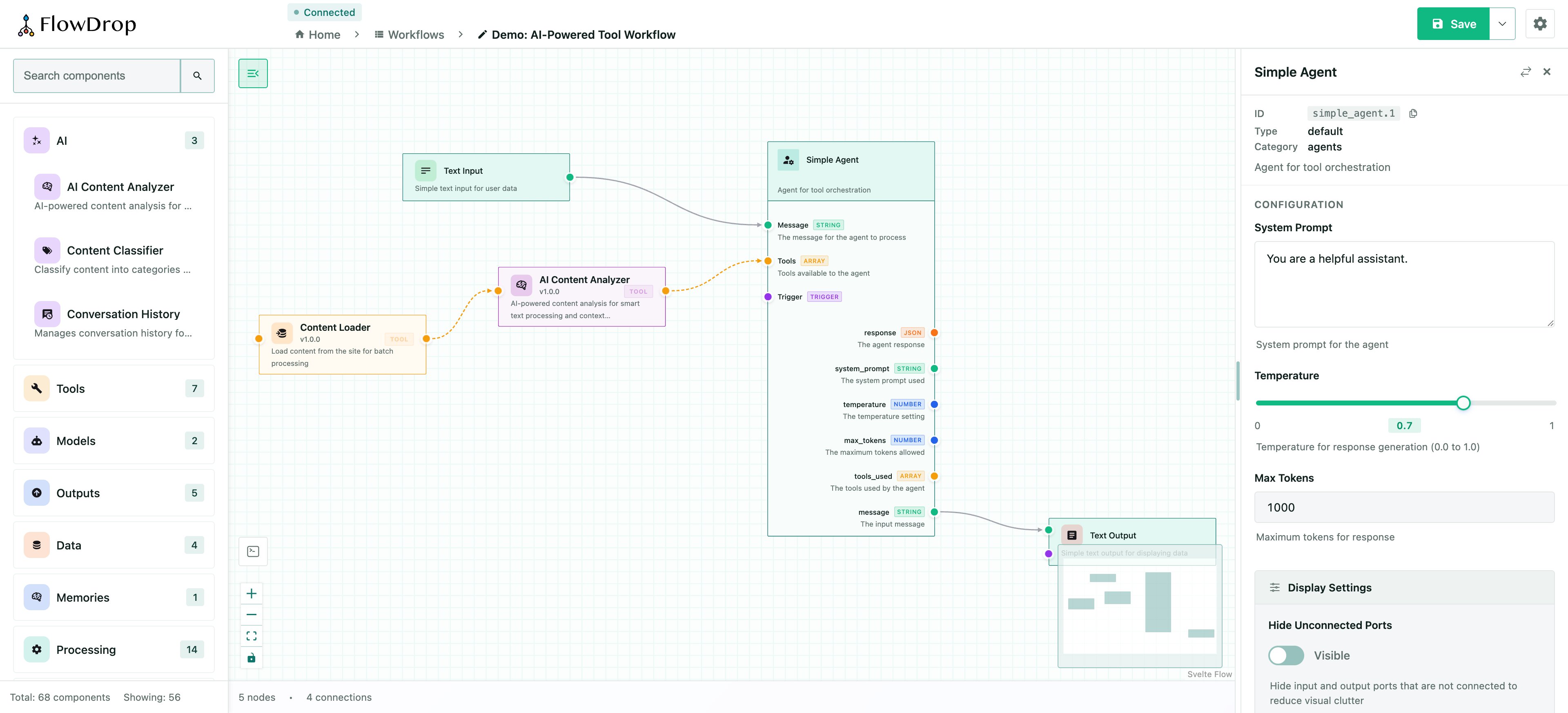 FlowDrop editor showing the node sidebar on the left, a workflow canvas with placed nodes in the center, and the configuration panel on the right.