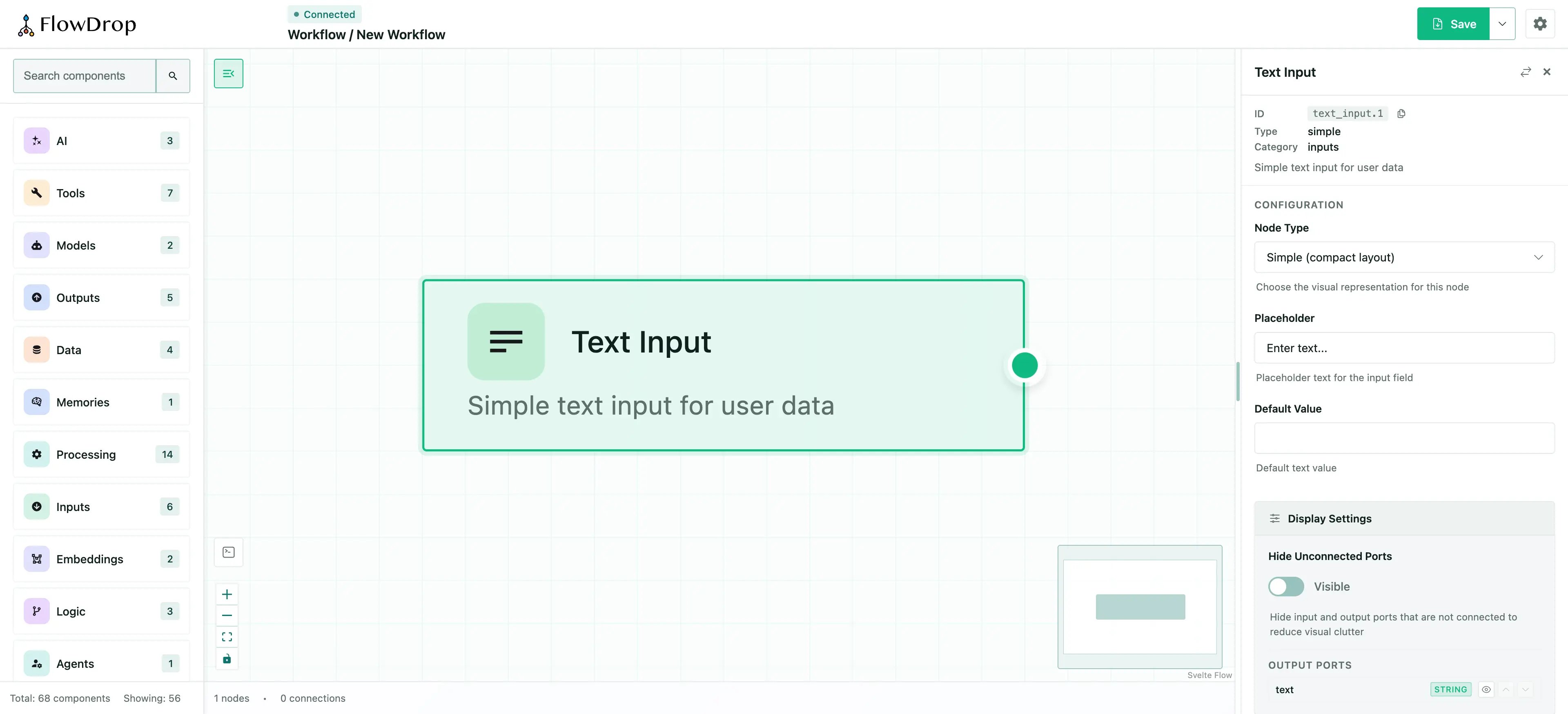 A Text Input node placed on the canvas with its config panel open, showing the editable Placeholder field generated from configSchema.