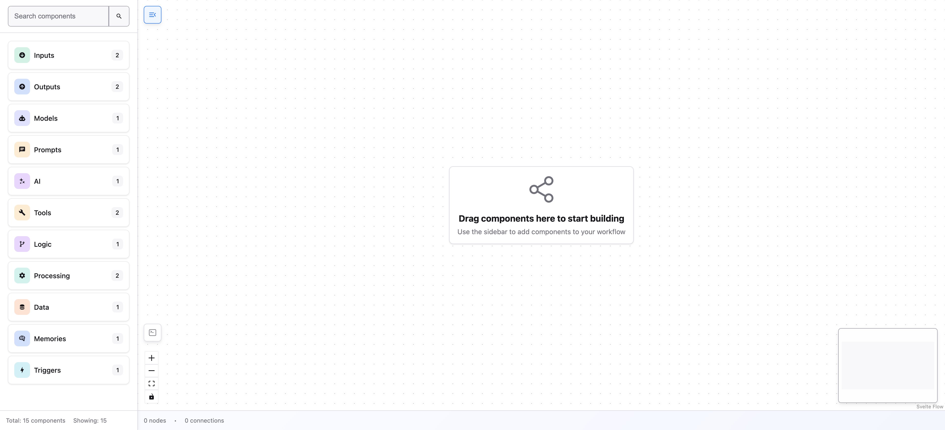 The FlowDrop editor with an endpoint configured, showing node types loaded into the sidebar from the backend API.